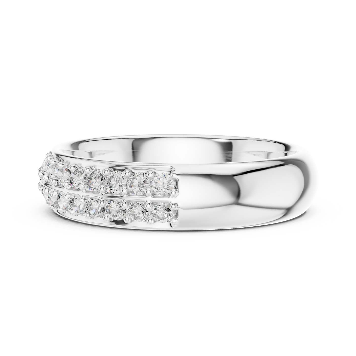 Silver ring with diamond accents on a white background