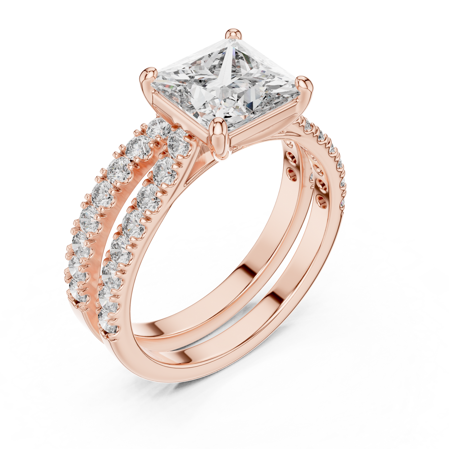Rose gold ring with a large diamond and smaller diamonds on the band against a white background