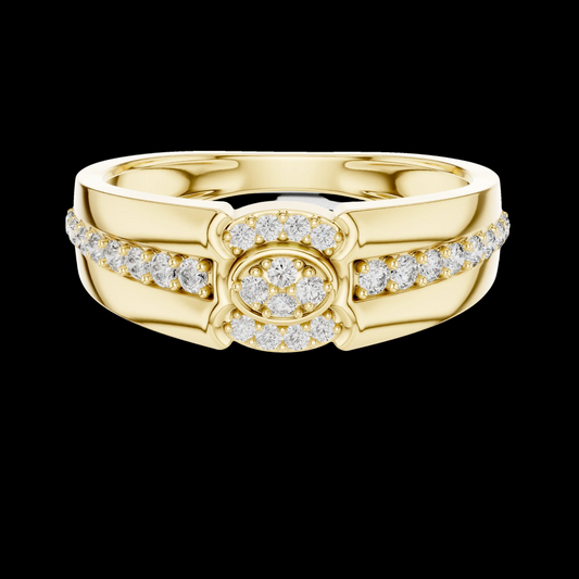 Gold ring with diamond accents on a white background