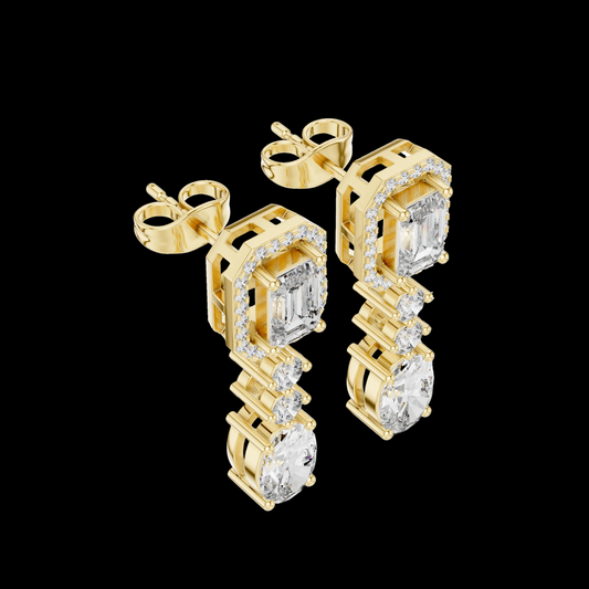 Gold earrings with diamond accents on a black background