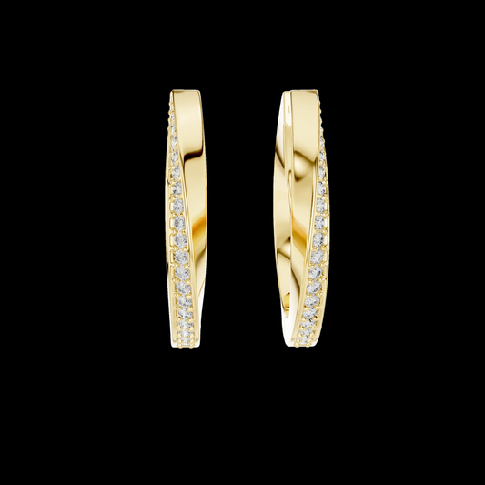 Gold hoop earrings with embedded diamonds on a white background