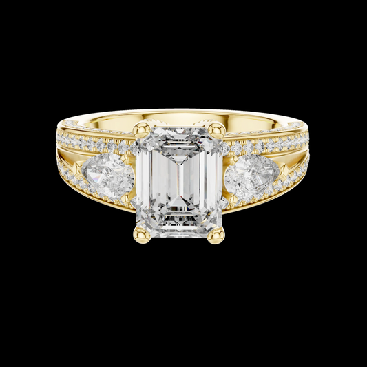 Gold ring with a large diamond and smaller stones on a white background