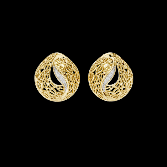 Pair of gold hoop earrings with intricate designs on a white background