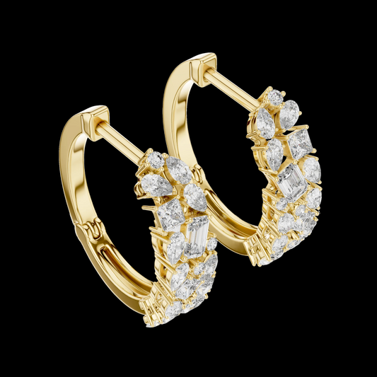 Gold hoop earrings with diamond accents on a black background