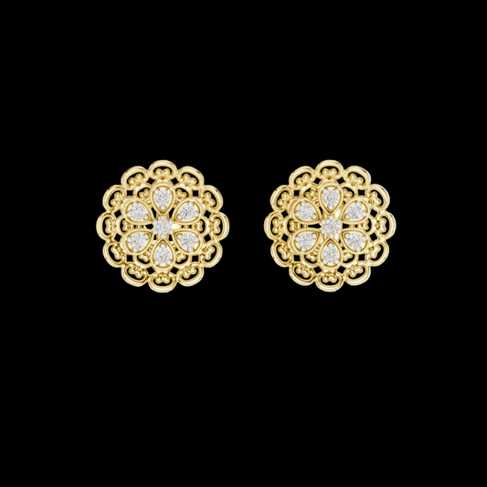 Gold earrings with diamond accents on a black background