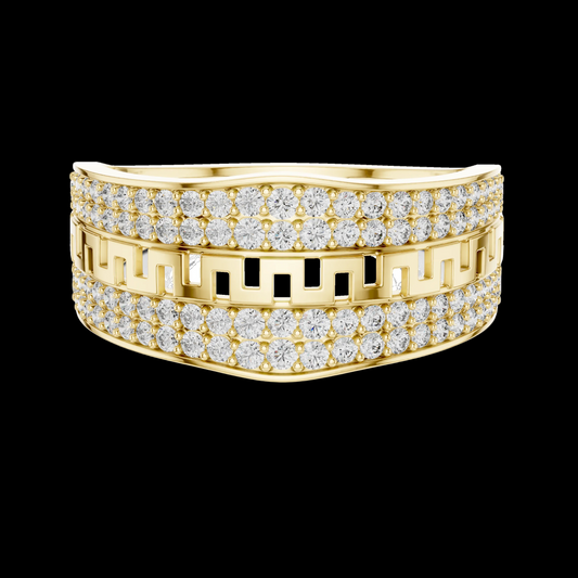 Gold ring with diamond accents on a white background