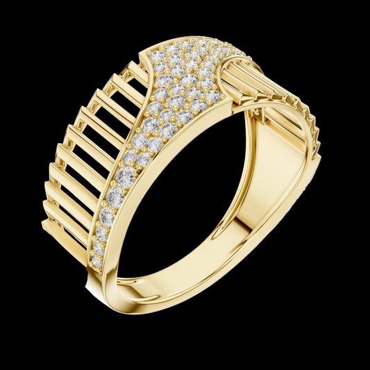Gold ring with diamond accents on a white background