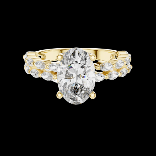 Gold ring with a large diamond and smaller diamonds on a black background