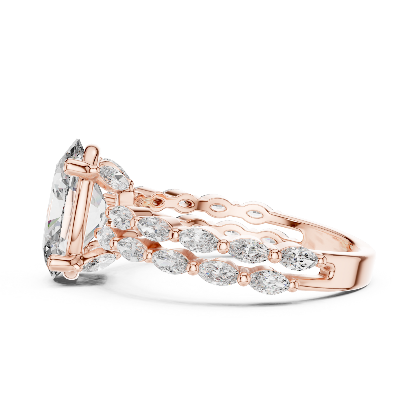 Rose gold ring with a large diamond and smaller diamonds on a white background