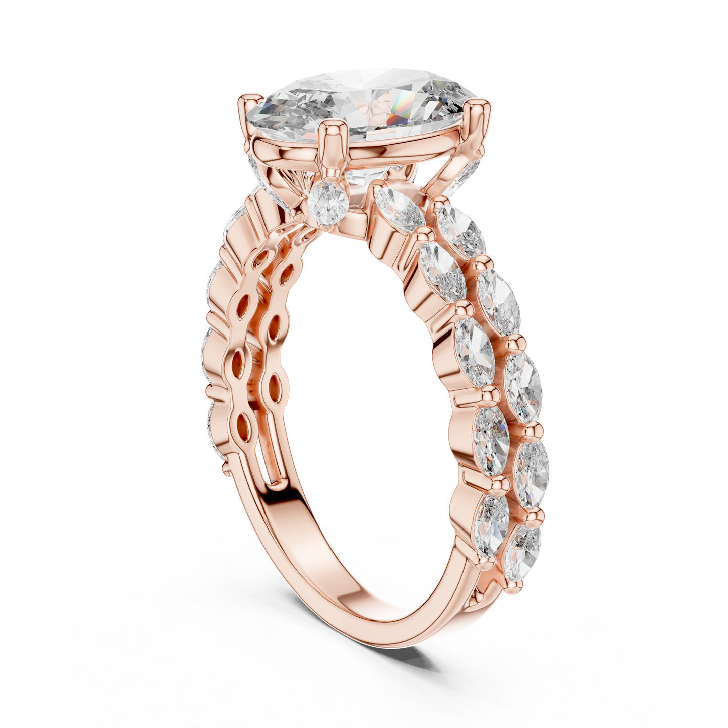 Rose gold ring with a large central diamond and smaller diamonds on the band against a white background