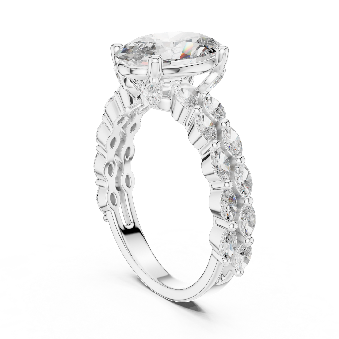 Elegant diamond ring with a white gold band on a white background