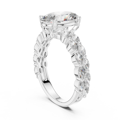 Elegant diamond ring with a white gold band on a white background