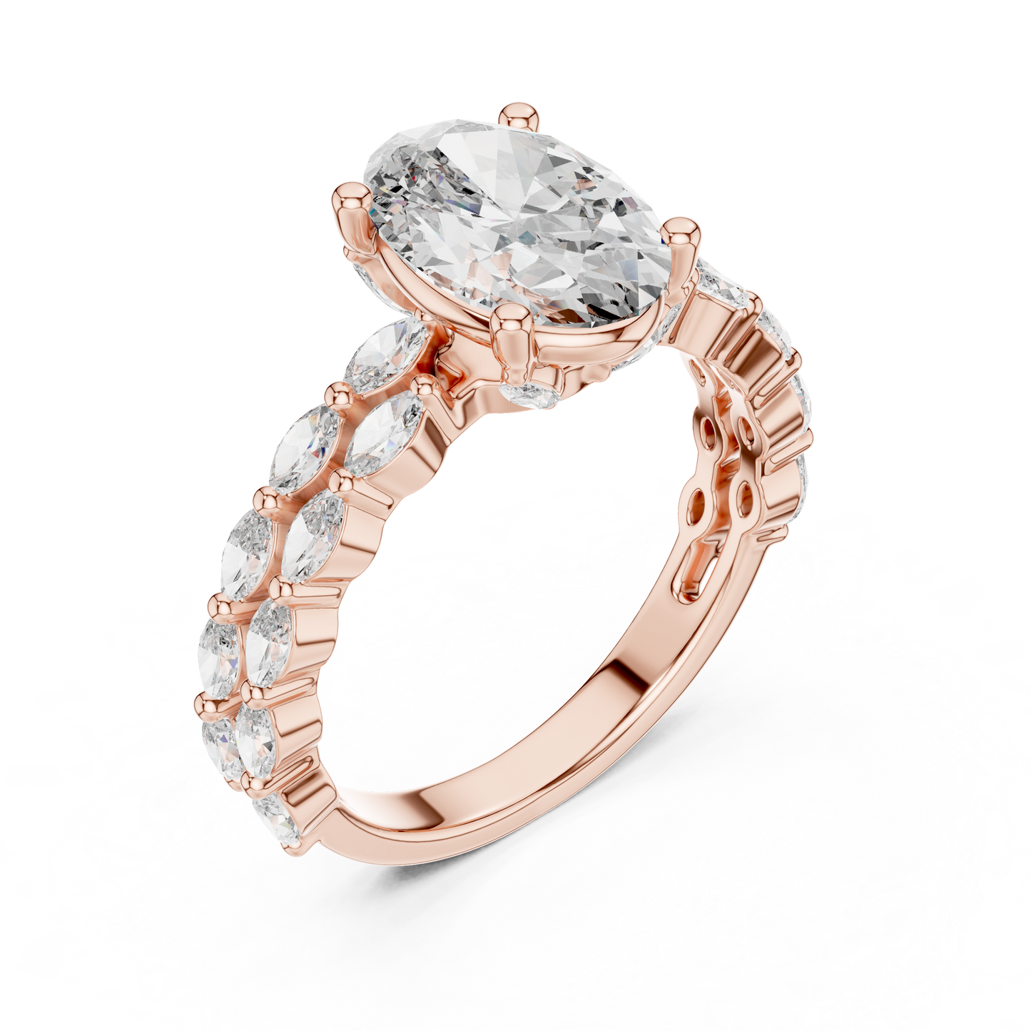Rose gold ring with a large diamond and smaller stones on a white background