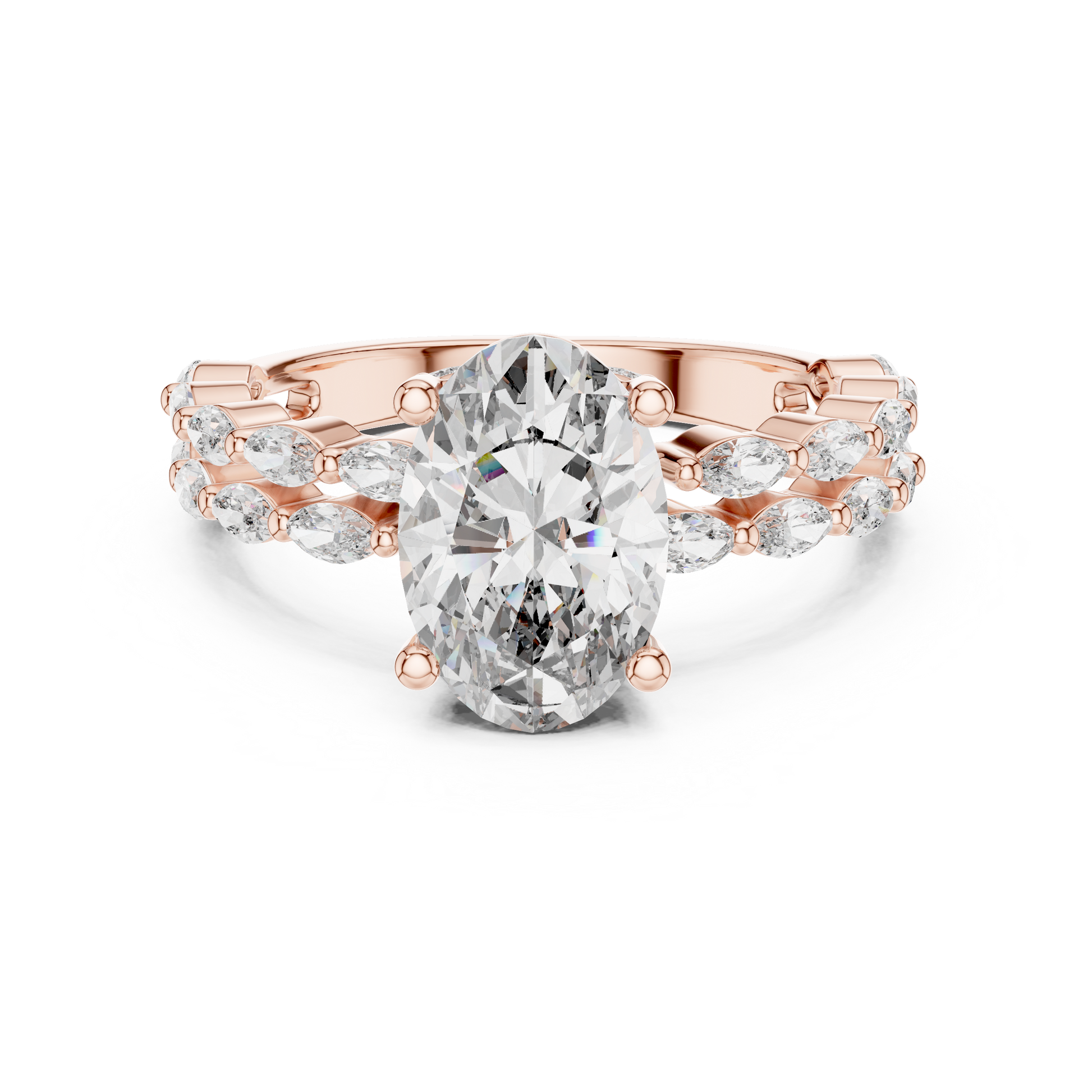 Rose gold ring with a large diamond and smaller diamonds on a white background