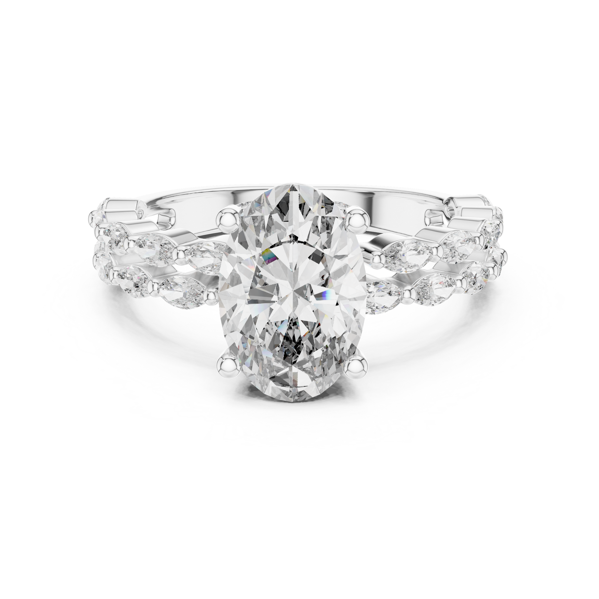 Diamond ring with a large central stone and smaller stones on a white background