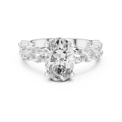 Diamond ring with a large central stone and smaller stones on a white background