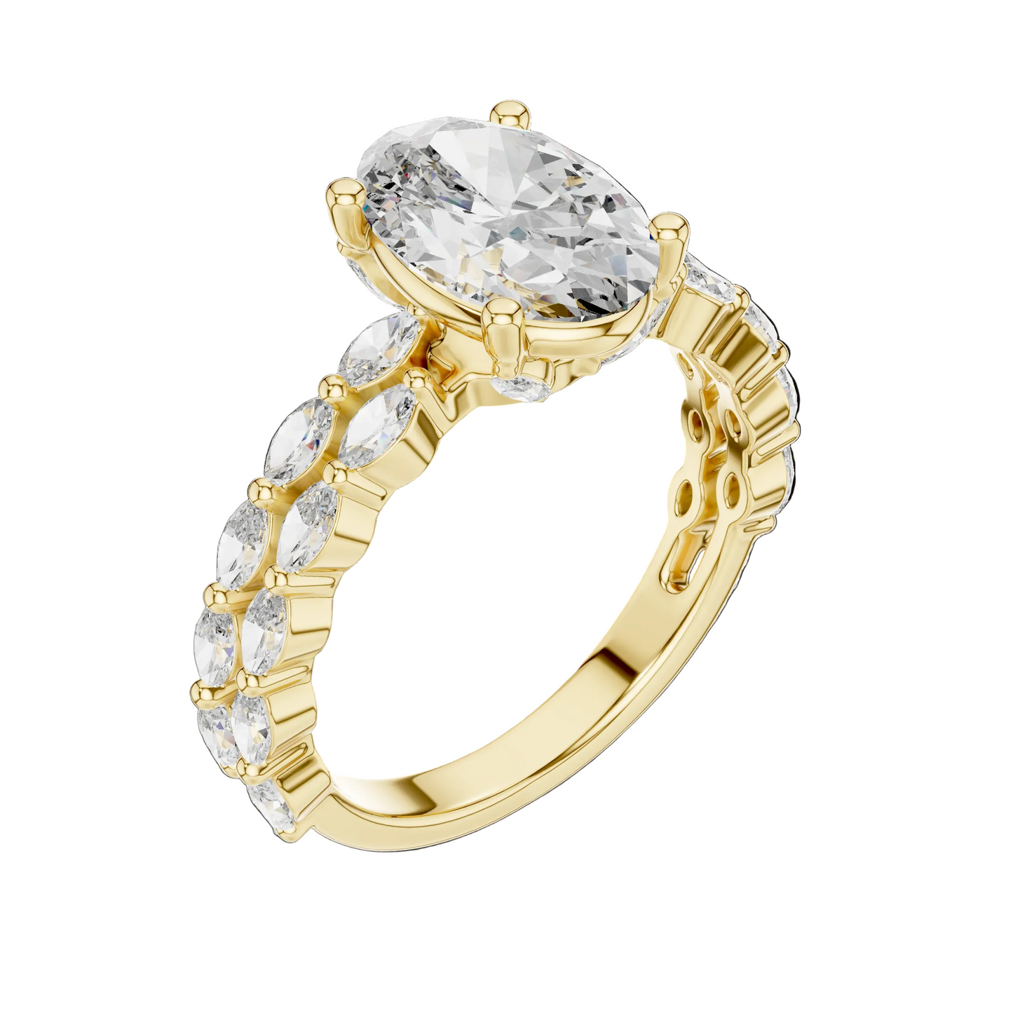 Gold ring with a large diamond and smaller stones on a white background