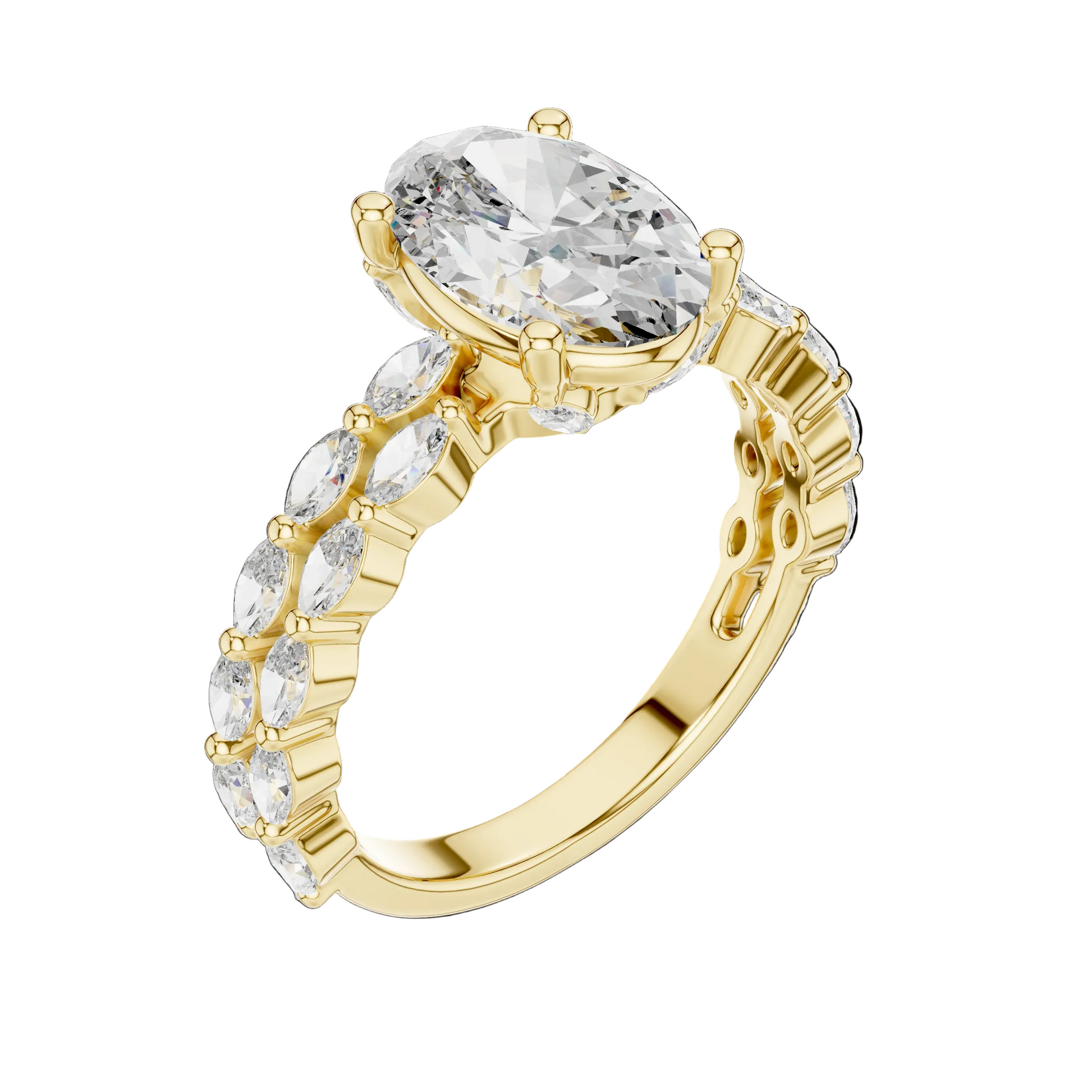 Gold ring with a large diamond and smaller stones on a white background