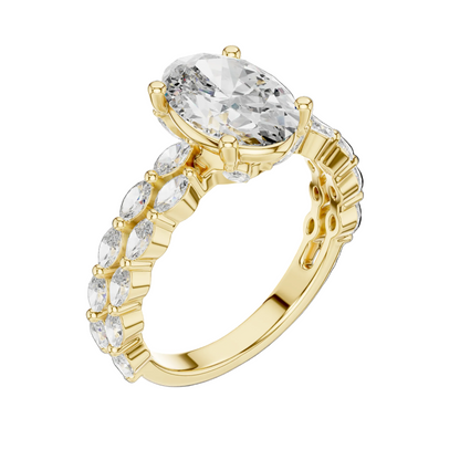 Gold ring with a large diamond and smaller stones on a white background