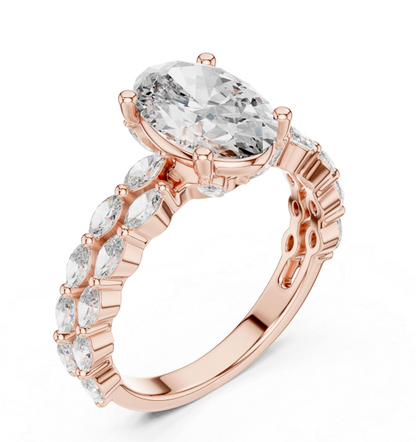Rose gold ring with a large diamond and smaller stones on a white background
