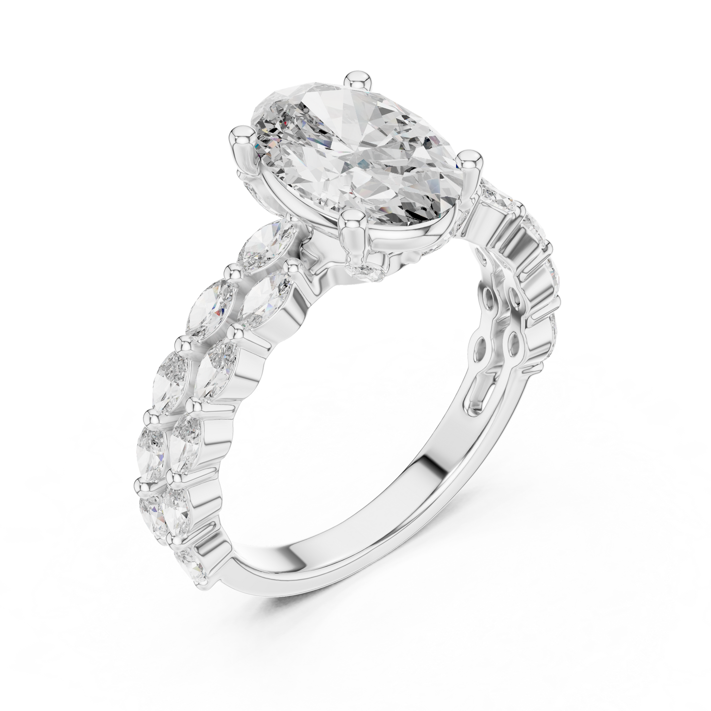 Diamond ring with a large central gemstone and smaller stones on a white background