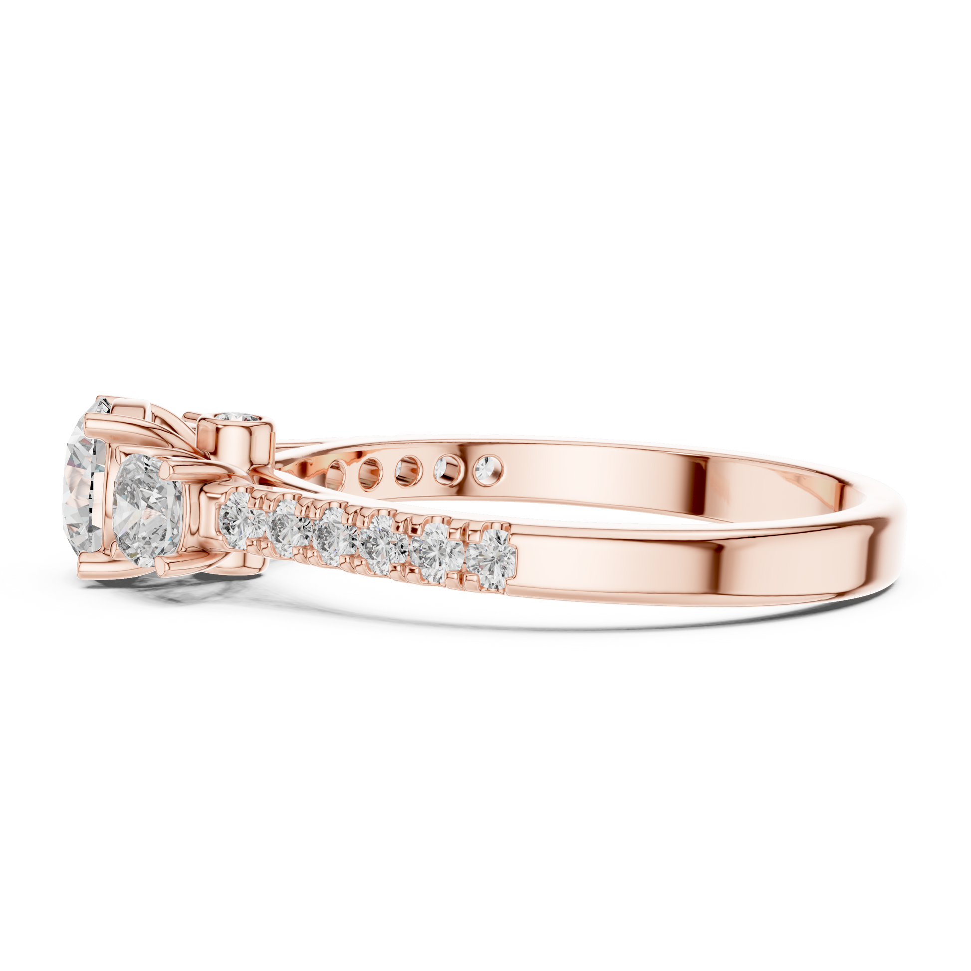 Rose gold ring with diamond accents on a white background