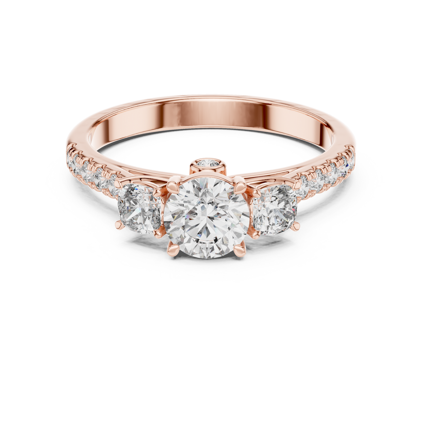 Rose gold ring with a diamond on a white background