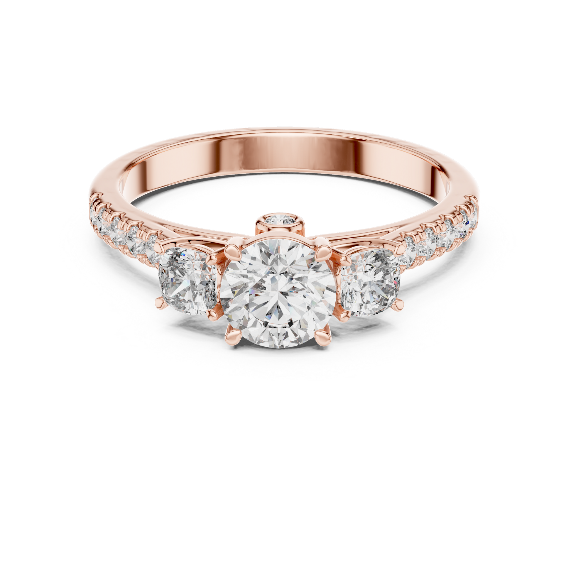 Rose gold ring with a diamond on a white background