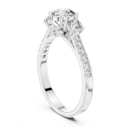Diamond ring with a central stone and smaller stones on a white background