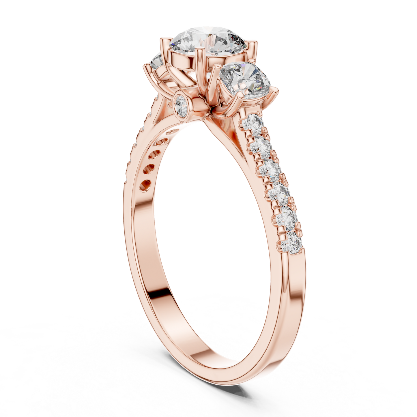 Rose gold ring with diamonds on a white background