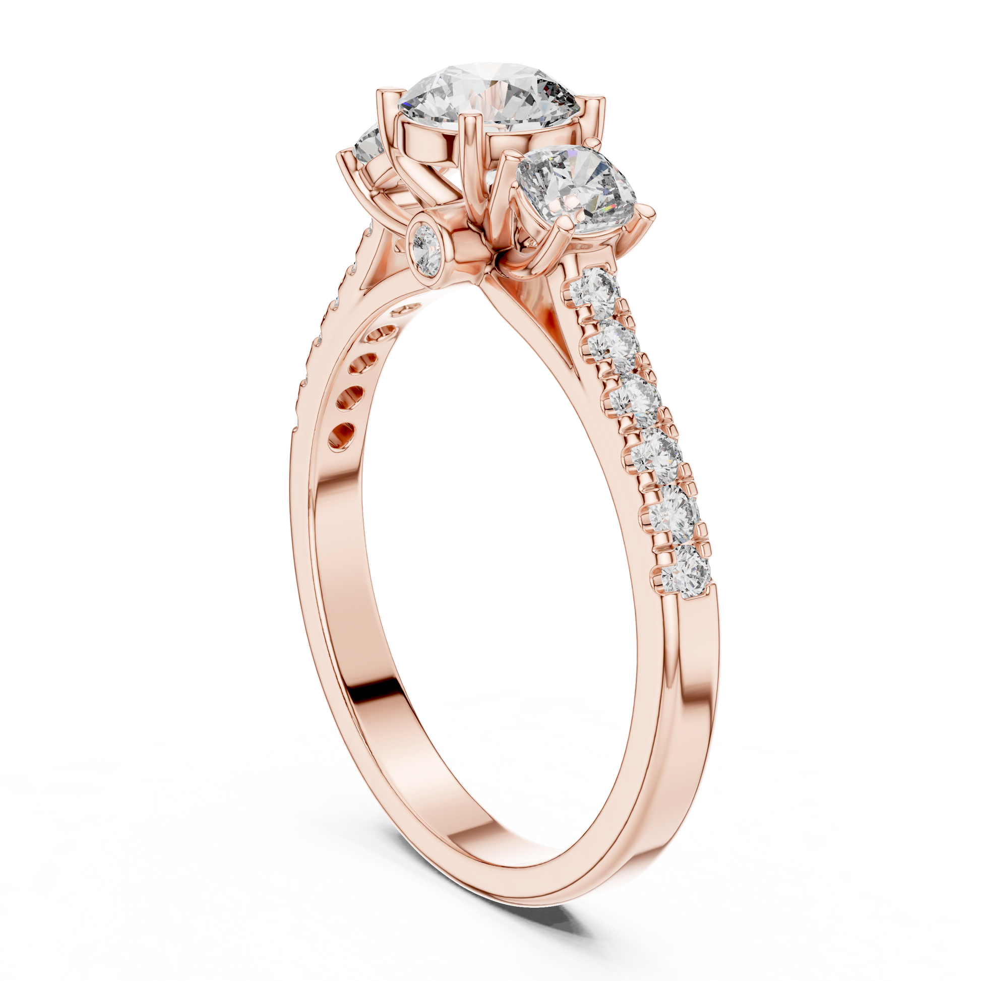 Rose gold ring with diamonds on a white background