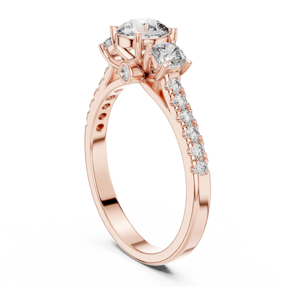 Rose gold ring with diamonds on a white background
