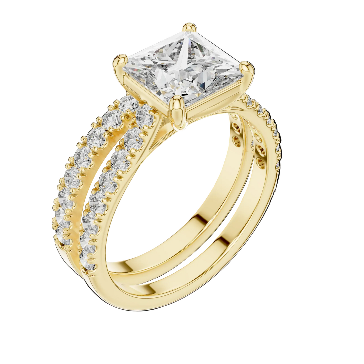 Gold ring with a large diamond and smaller diamonds on the band against a White  background