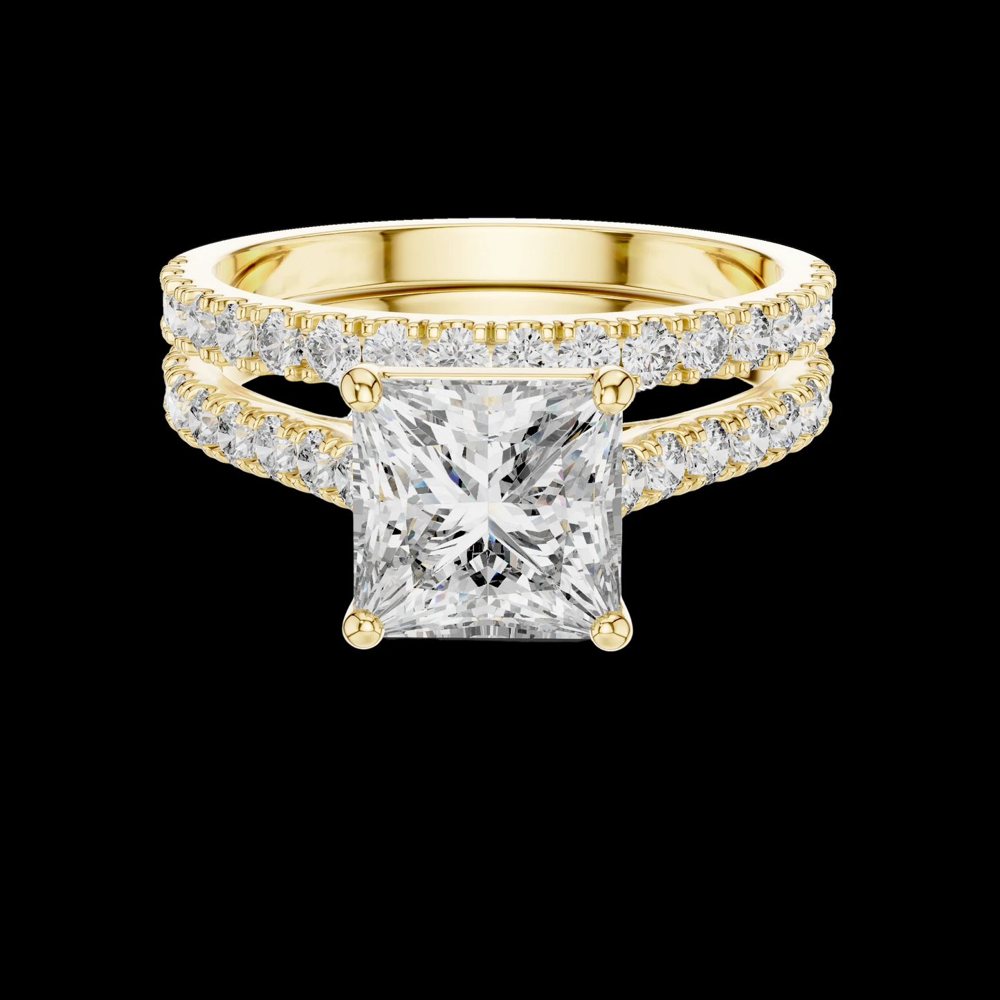 Gold ring with a large diamond and smaller diamonds on the band against a white background