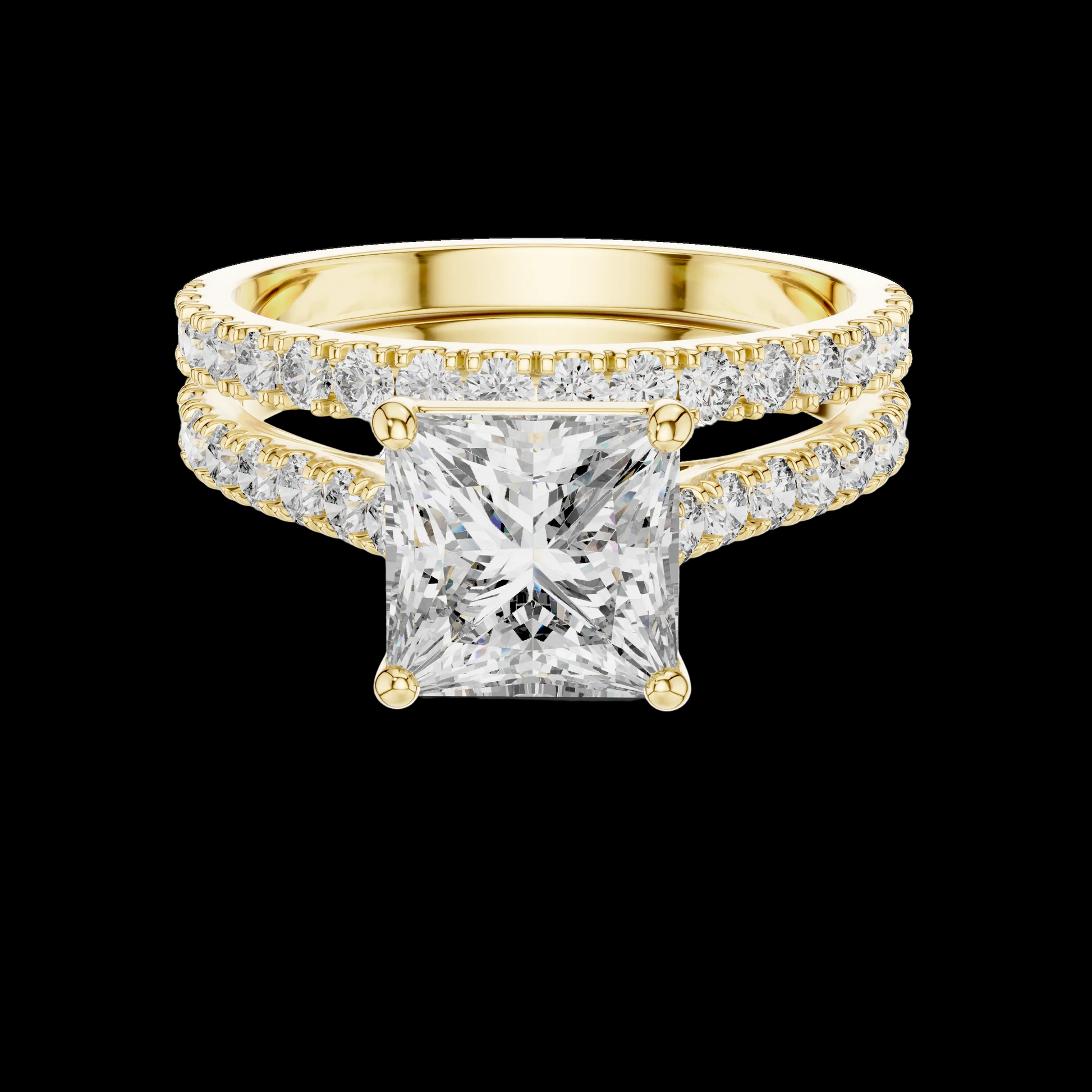 Gold ring with a large diamond and smaller diamonds on the band against a white background