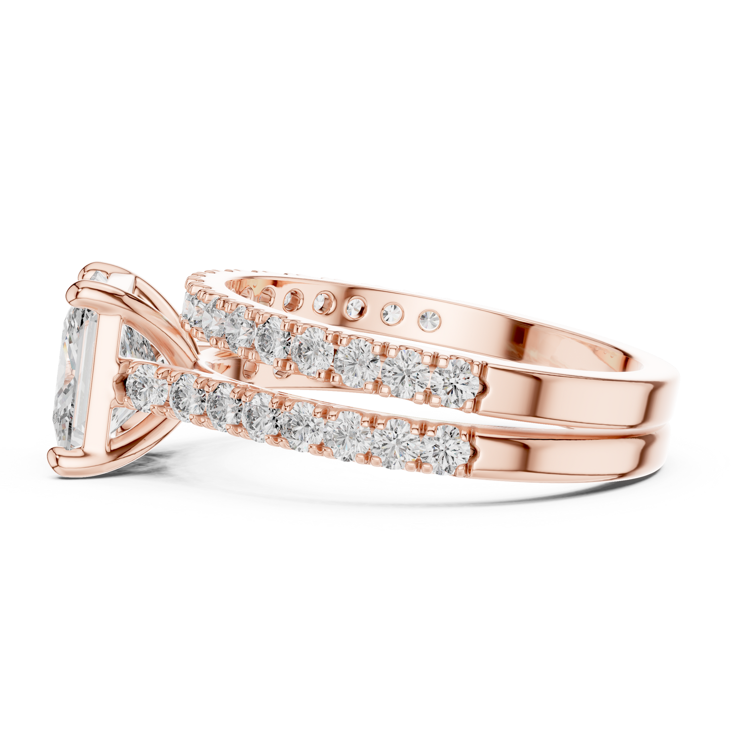 Rose gold ring with diamond accents on a white background
