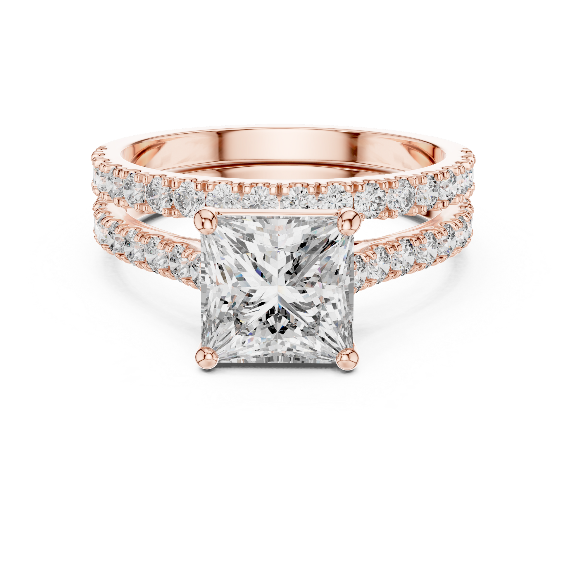 Rose gold ring with a large diamond and smaller diamonds on a white background