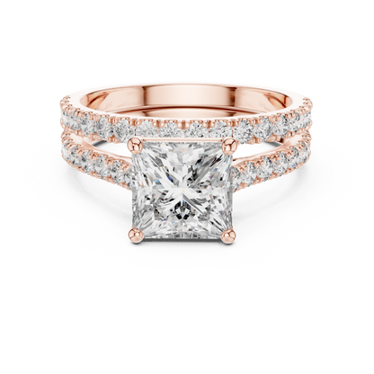 Rose gold ring with a large diamond and smaller diamonds on a white background