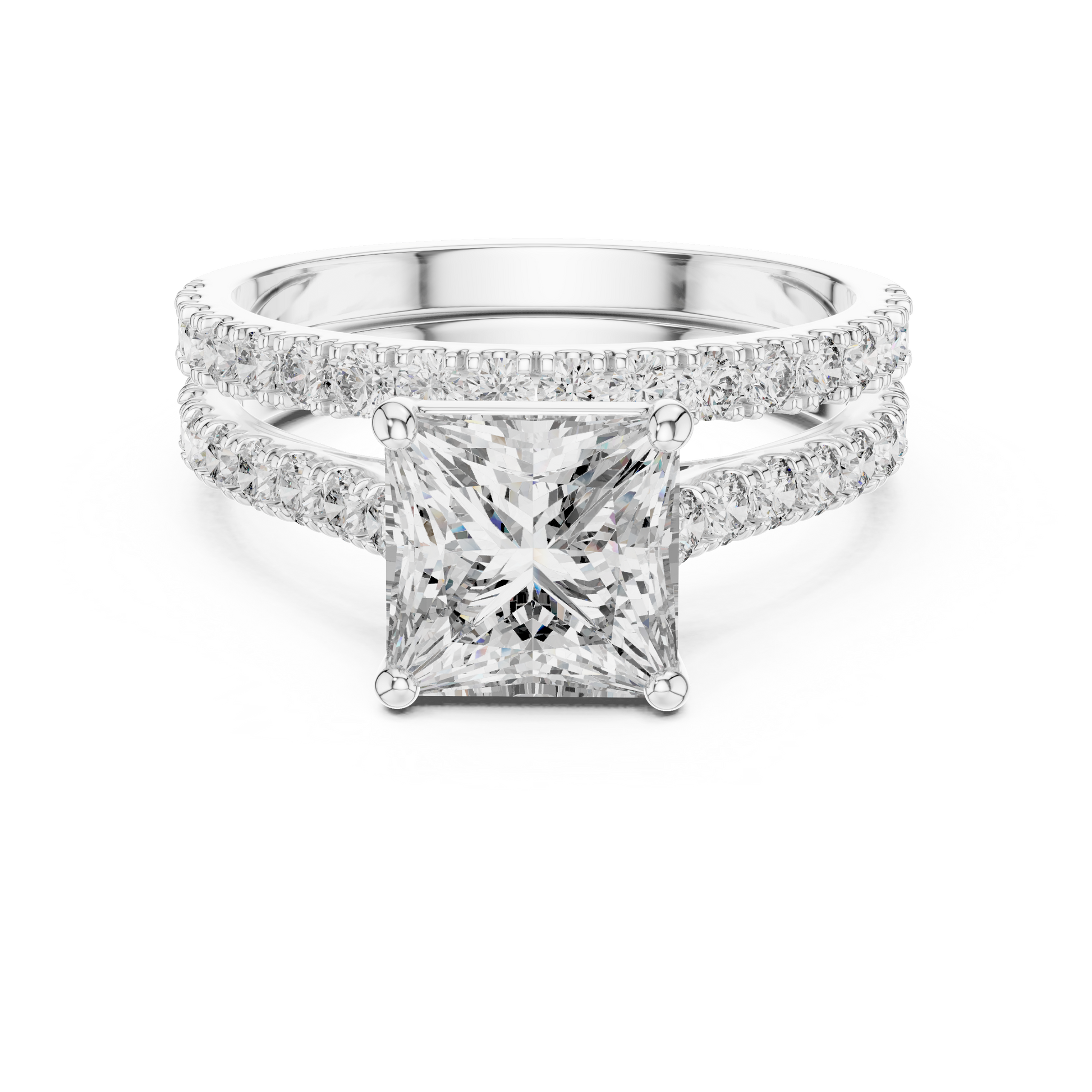 Diamond ring with a large central gemstone and smaller stones on a white background