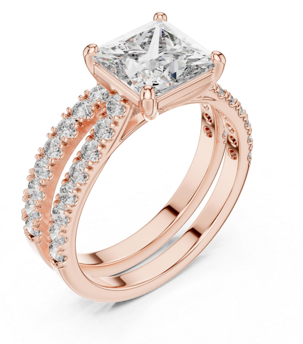 Rose gold ring with a large diamond and smaller diamonds on the band against a white background