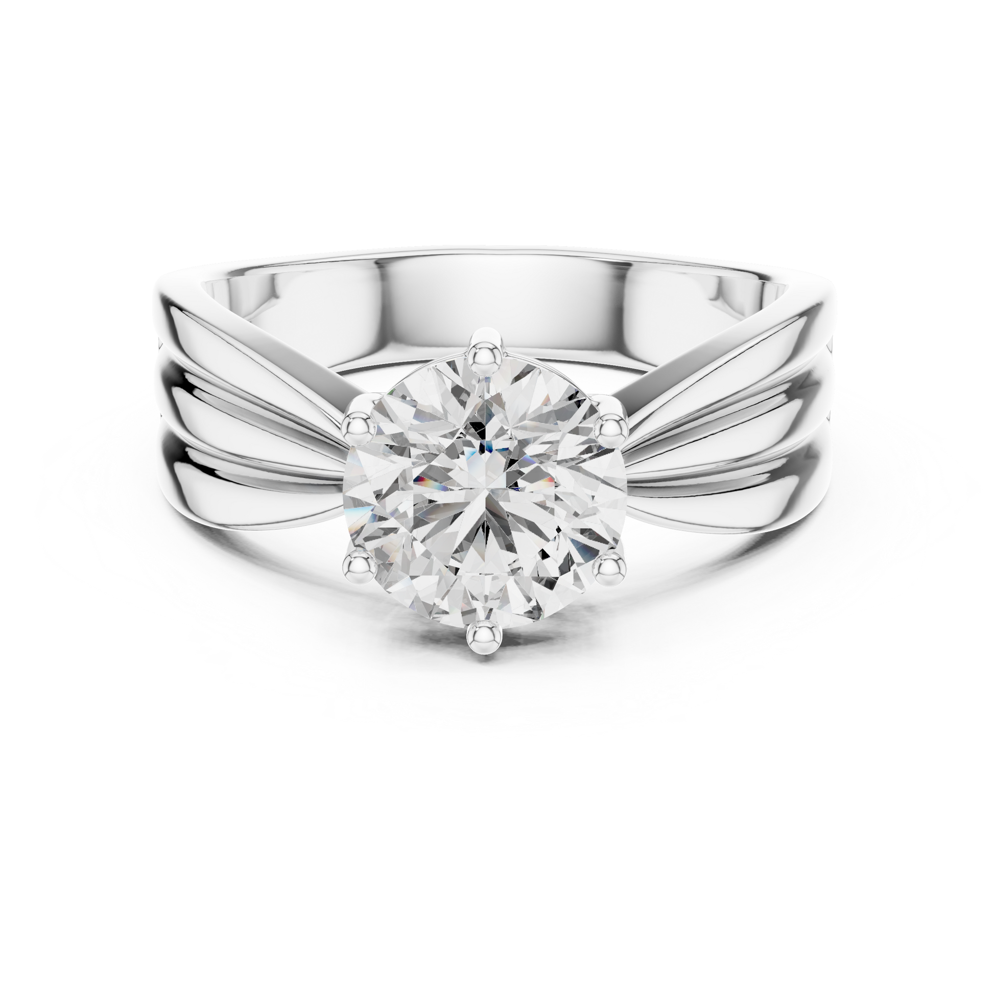 Silver ring with a large diamond on a white background