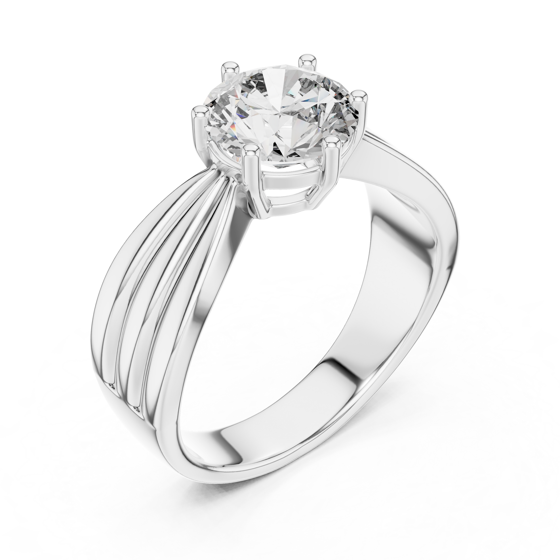 Silver ring with a large diamond on a white background