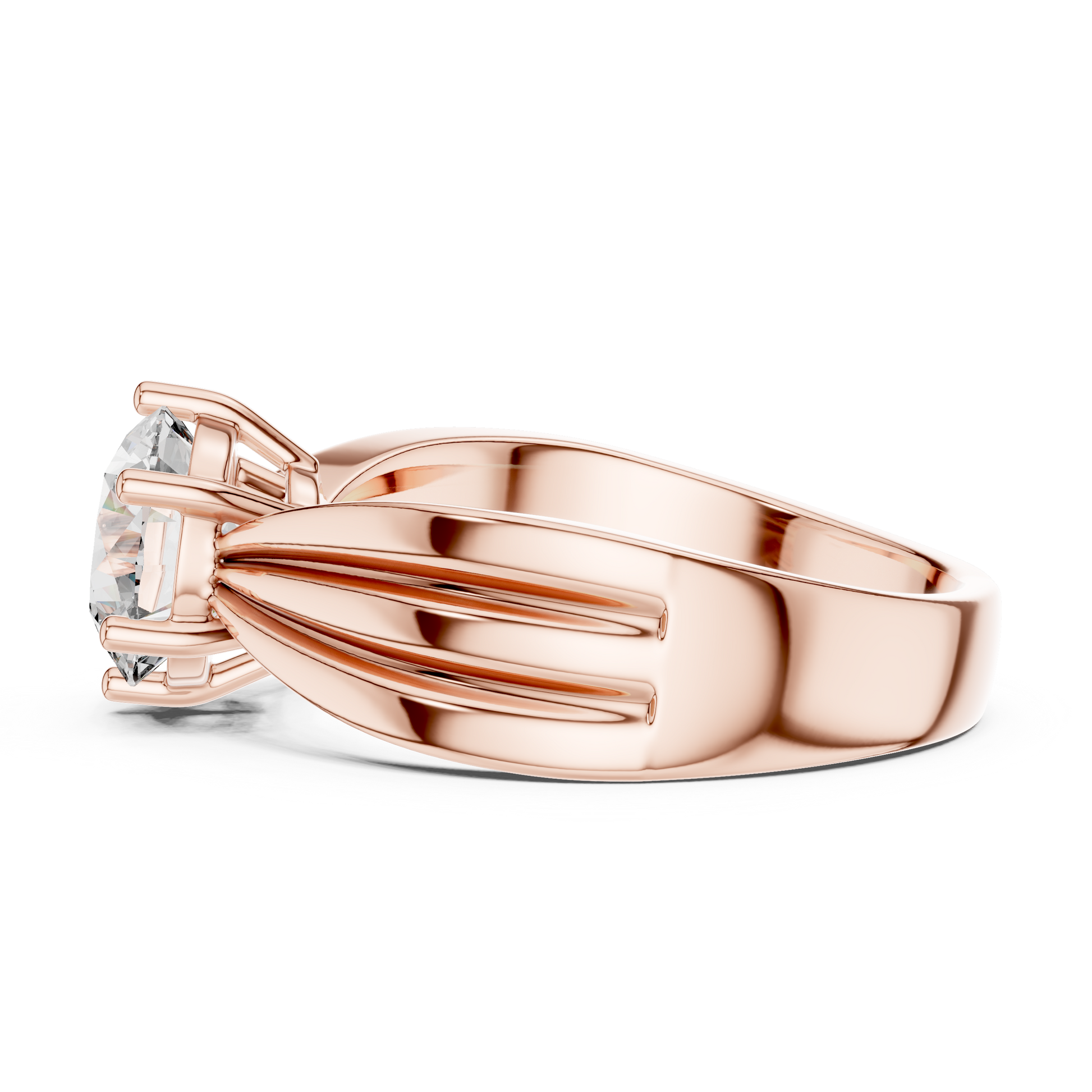 Rose gold ring with a diamond on a white background