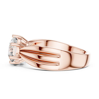 Rose gold ring with a diamond on a white background