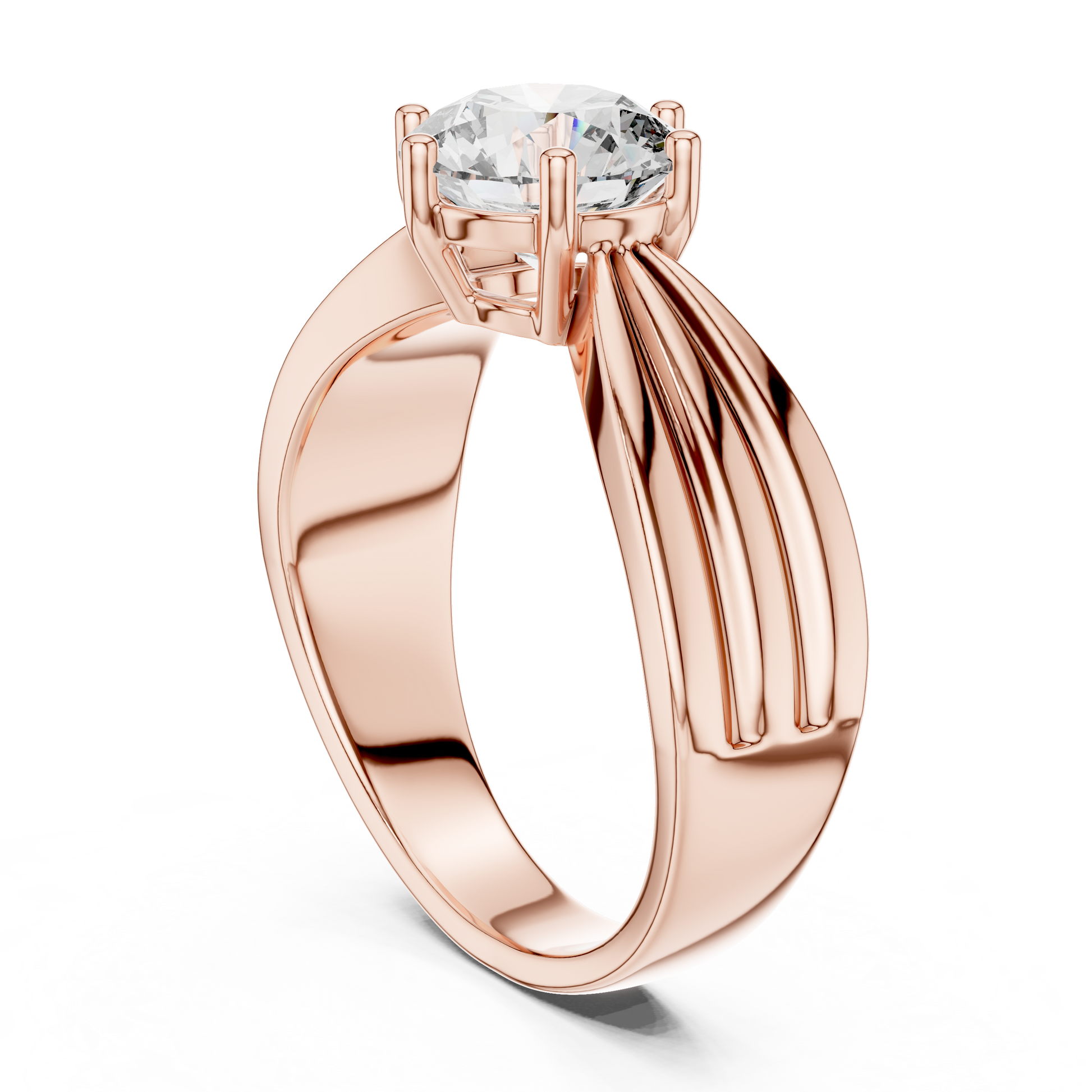 Rose gold ring with a diamond on a white background