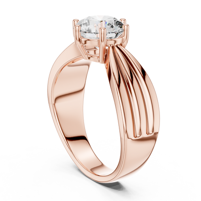 Rose gold ring with a diamond on a white background