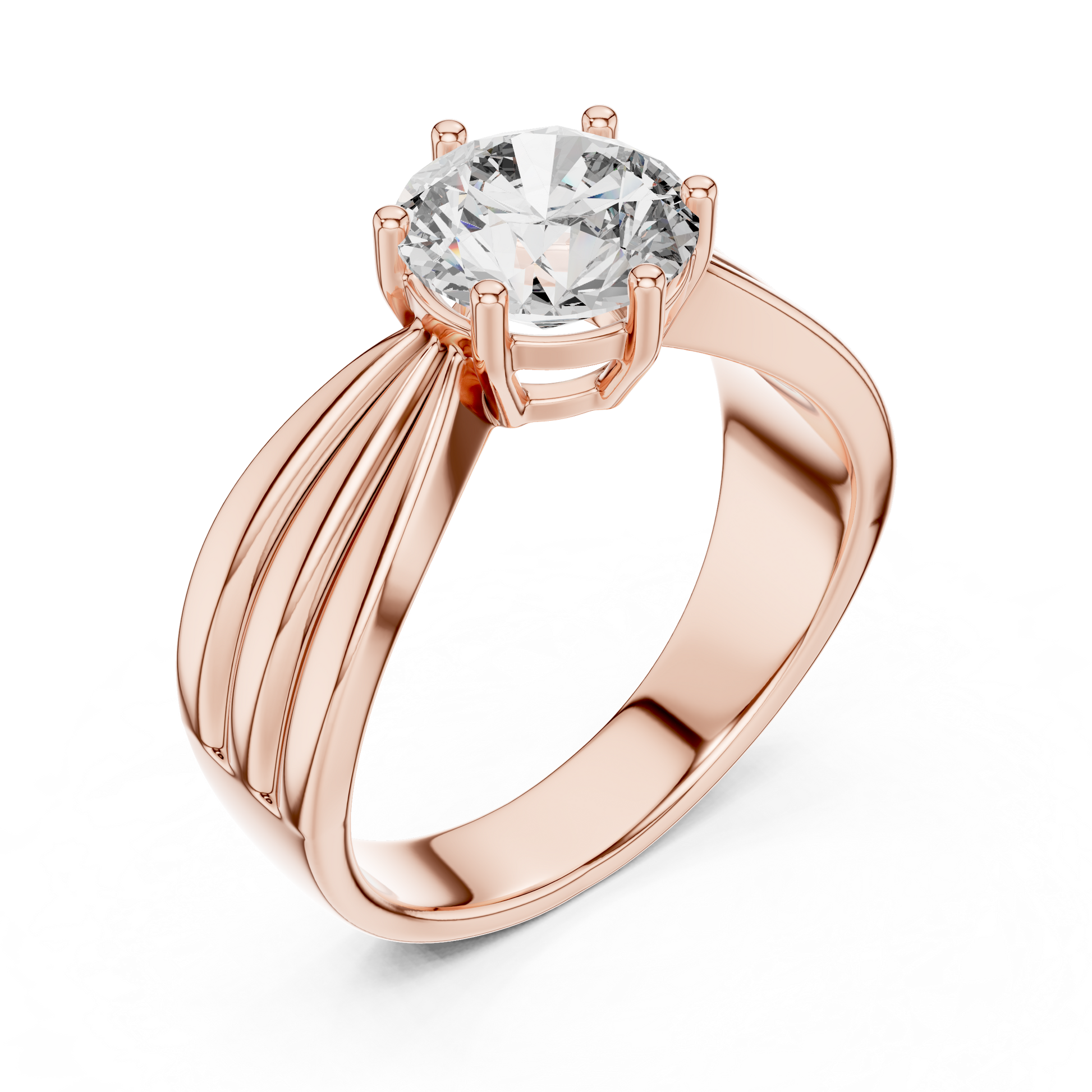 Rose gold ring with a large diamond on a white background