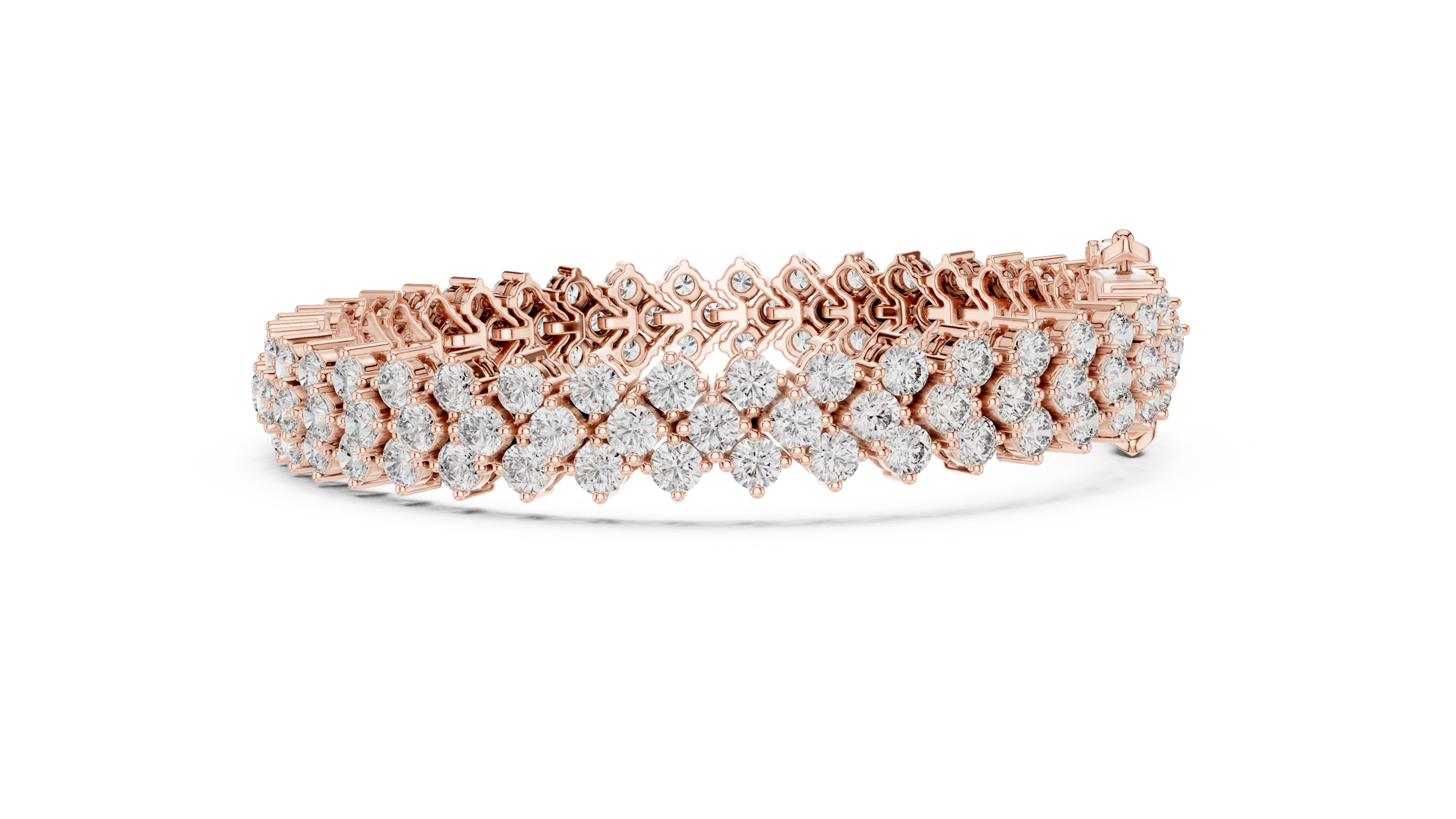 Rose gold bracelet with diamond accents on a white background