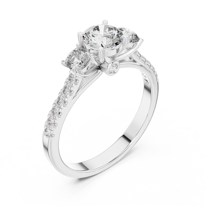 Diamond ring with a central gemstone and smaller diamonds on a white background