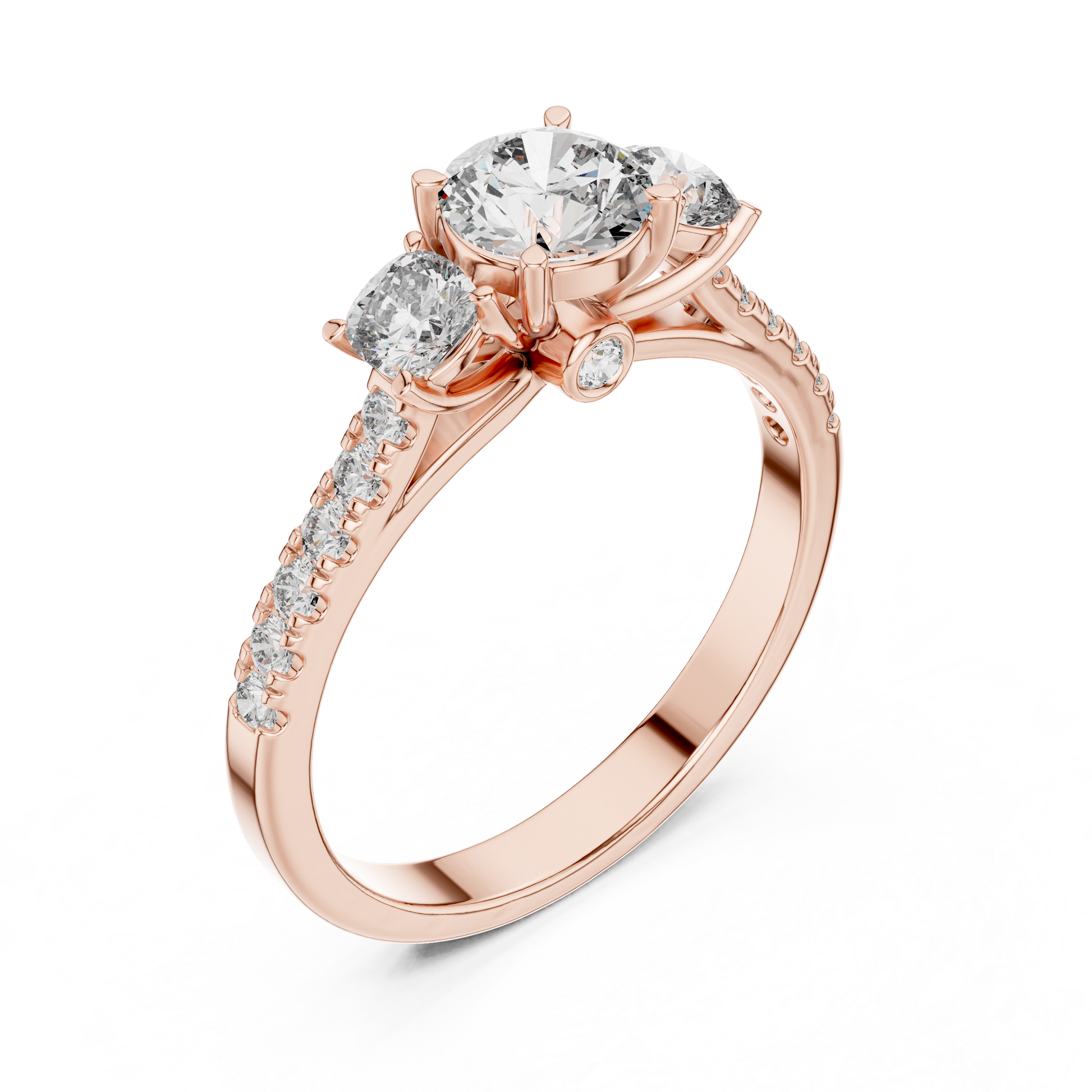 Rose gold ring with two prominent diamonds on a white background